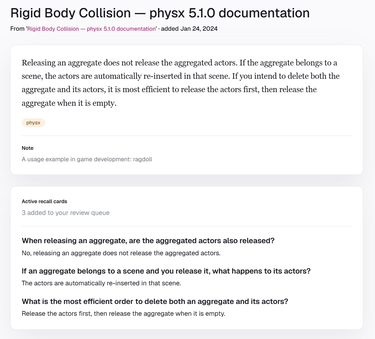 Acorny Highlight Detail page showing a saved PhysX passage, note, tag, and three active recall cards