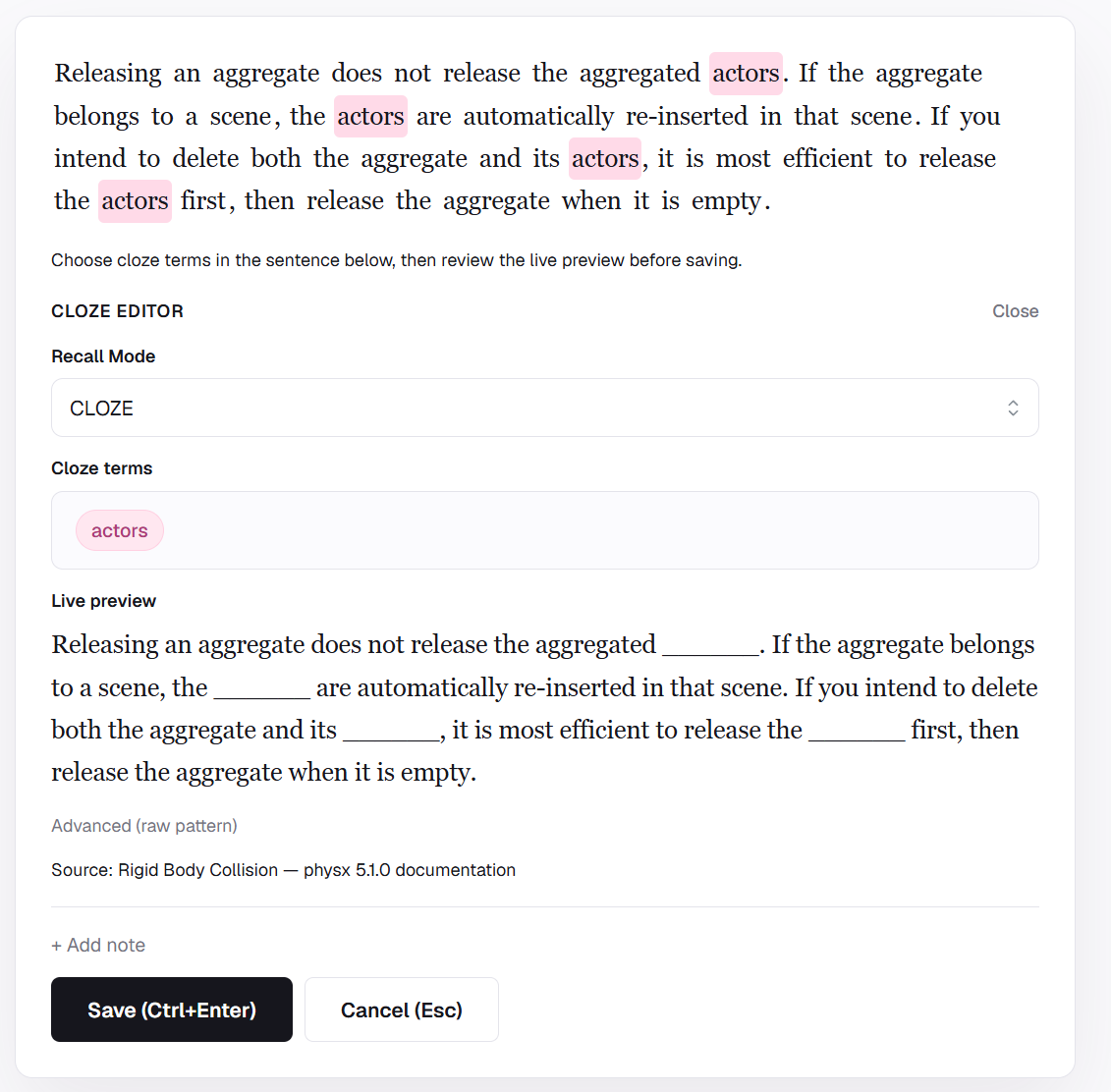 Acorny Cloze editor with actors selected and hidden in the live preview