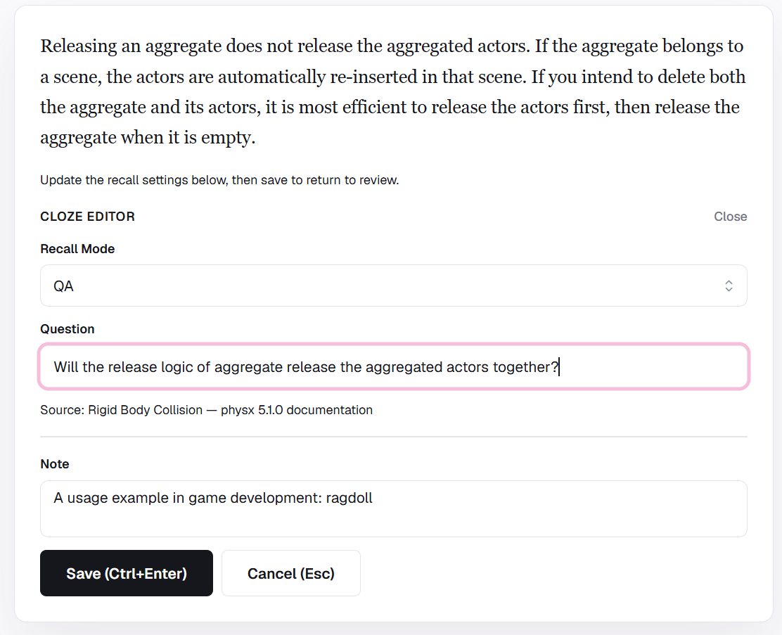 Acorny manual Q&A editor with a question and note