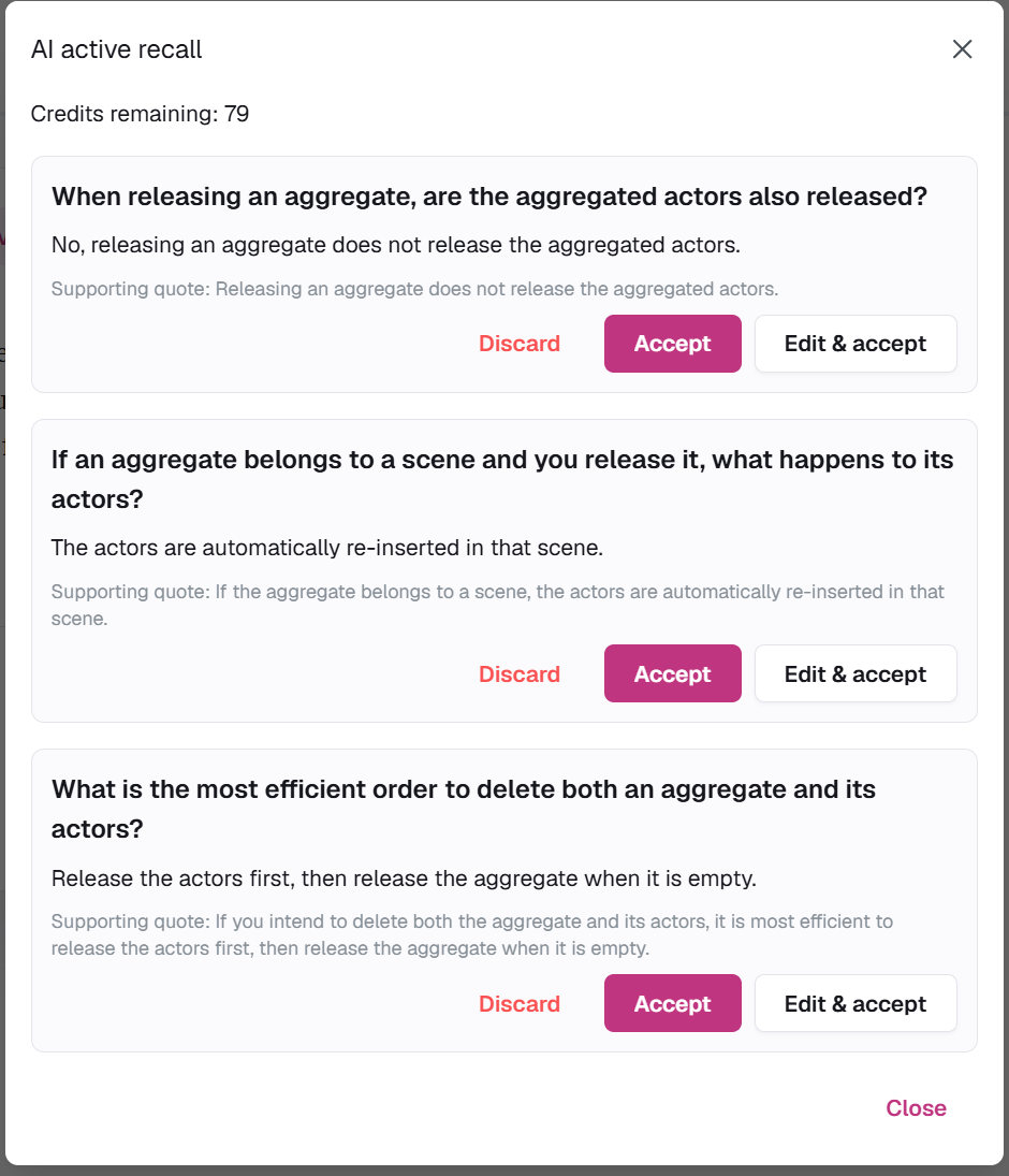Acorny AI active recall dialog with three question and answer candidates