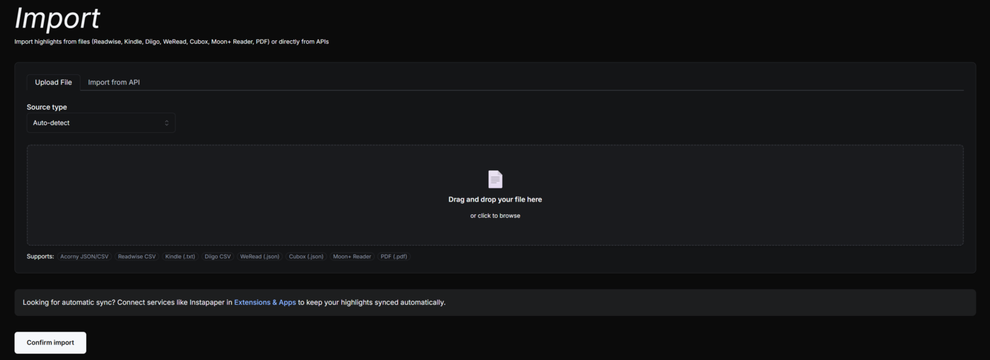 Acorny import page with file upload and API tabs