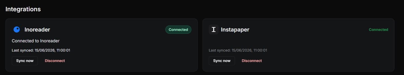 Integrations page showing Inoreader and Instapaper connected for automatic sync